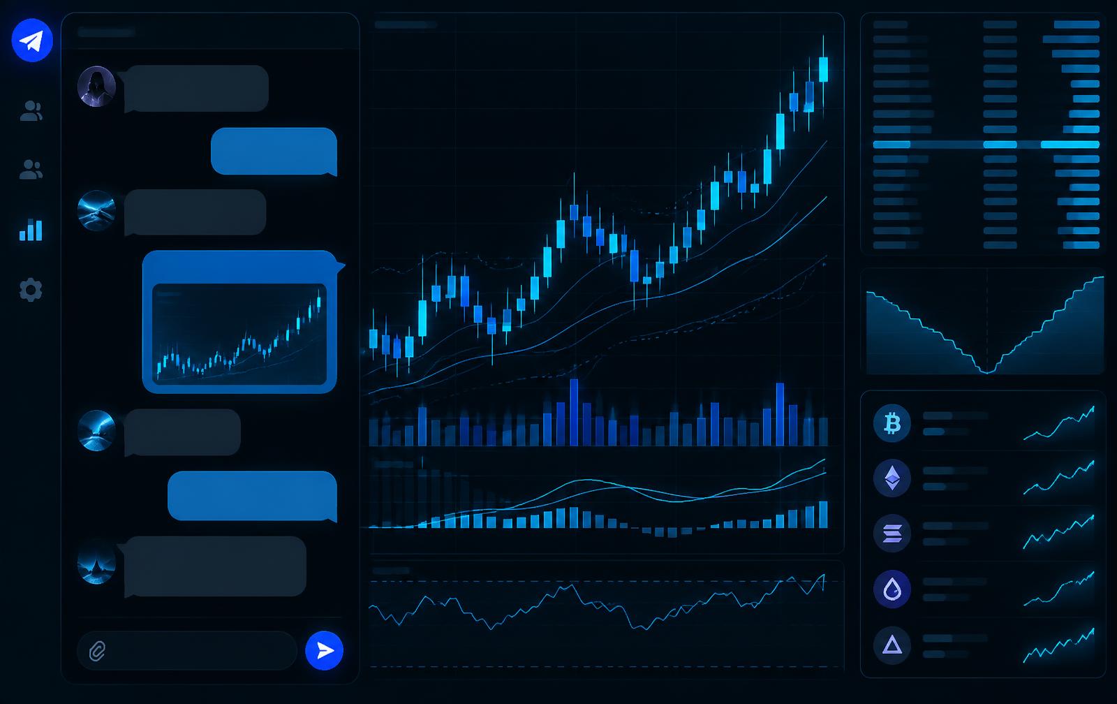 Illustration of a crypto trading terminal with charts alongside a chat-based trading interface